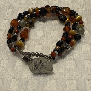 Multicolor Beaded Bracelet with Silver Tone Floral Charm